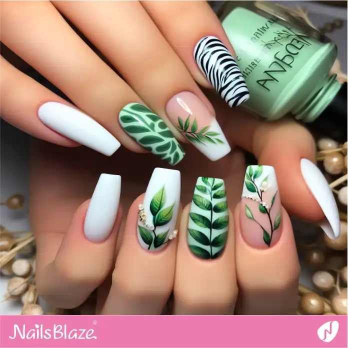 Leaves on Nails with Zebra Print Accent Design | Animal Print Nails - NB2496